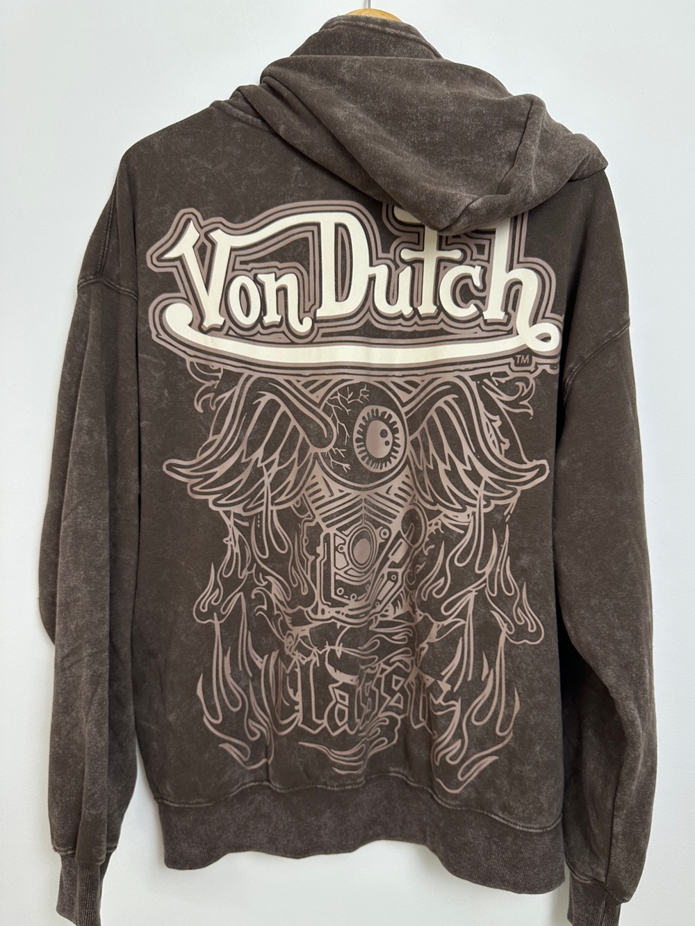 NWT Von Dutch Mineral Wash Brown Zip Hoodie Flying Eyeball Graphic Size Large L